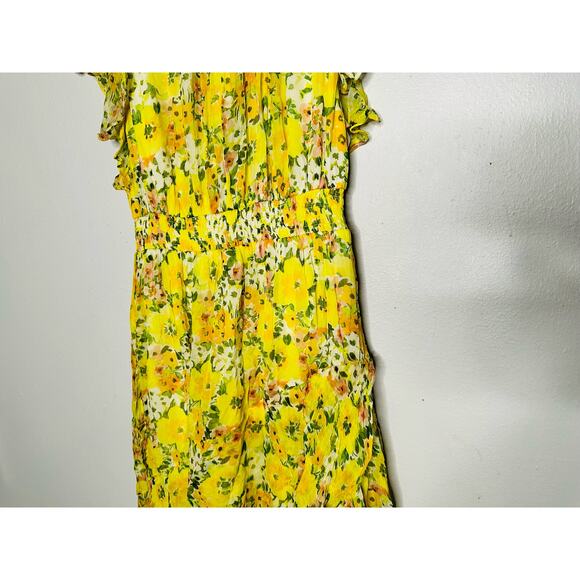 SHOSHANNA Yellow Floral Chiffon Short Flutter Sleeve Ruffle Hemline Dress size 0 - Picture 5 of 13